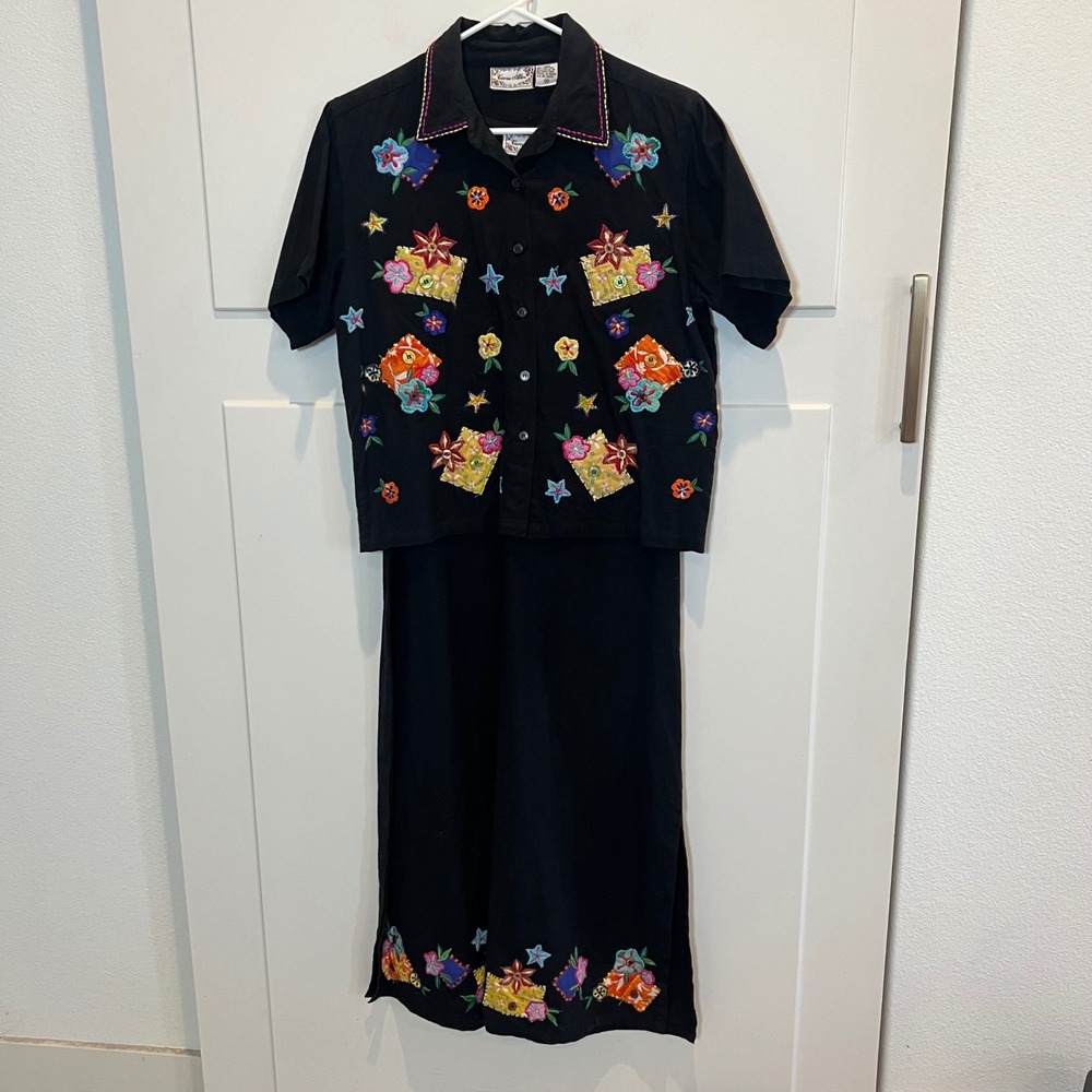 Carrie Allen 2 Pc. Dress & Button Top Women M Set Black Colorful Embroidery Vtg